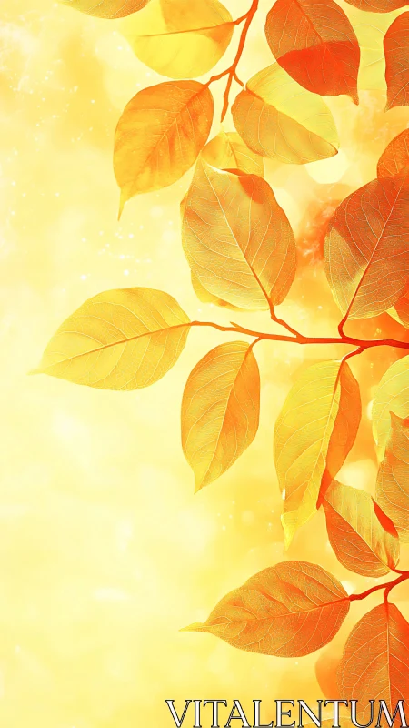 Sunlit golden leaves drift through a glowing autumn haze.