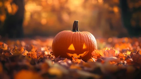 Carved jack o lantern on autumn leaves in soft daylight.