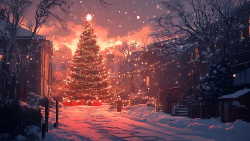 Snowlit neighborhood square crowned by glowing Christmas tree.