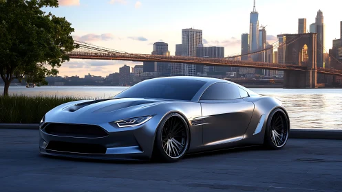 Futuristic silver sports coupé renders hyperreal waterfront scene