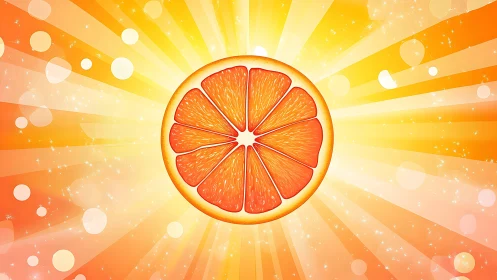 Radial citrus slice illustration with glowing bokeh sunburst field