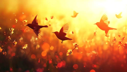 Sunlit songbirds drift through blazing petals of dawn.
