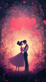 Couple Silhouettes Embracing Under Glowing Hearts Forest