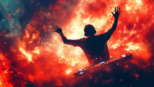 Silhouetted DJ with mixing console amid abstract flames.
