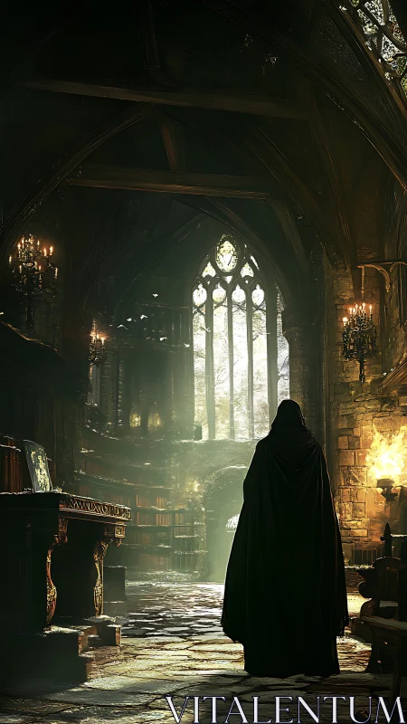 Hooded figure stands in dim gothic library hall interior