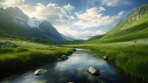Mountain valley river under soft cinematic daylight glow.