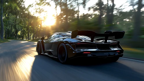 Sunlit forest sprint with a sleek black supercar in motion.