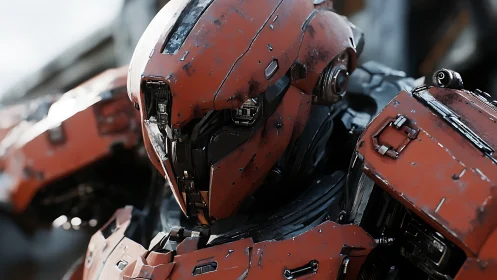 Battle-worn red combat mech with detailed armored plating.