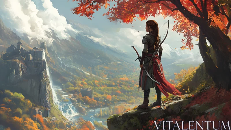 Archer on a crimson cliff surveying a tranquil fantasy valley.