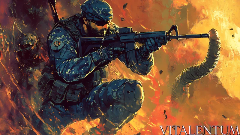 Blazing breach trooper diving through molten chaos firestorm.