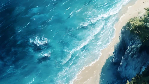 Sunlit turquoise surf curves along steep rocky coastline