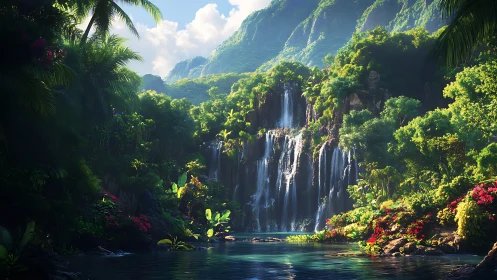 Luminous tropical cascade in volumetric jungle basin panorama.
