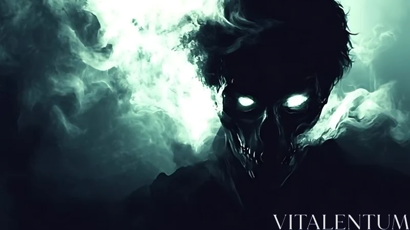 Eerie shadowed spirit with glowing eyes in swirling mist.