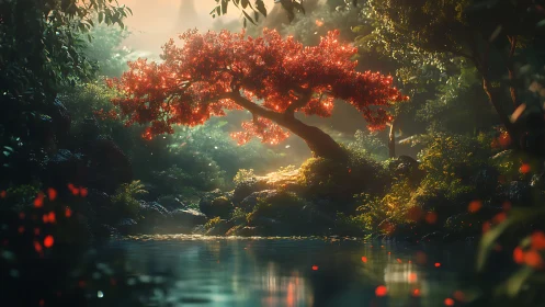 Radiant red tree glows above a tranquil forest pool.