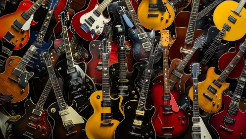 Dense wall of semi-hollow and solidbody electric guitars