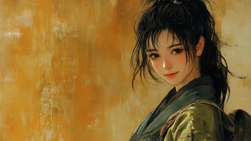 Digital portrait of young woman in muted warm setting.