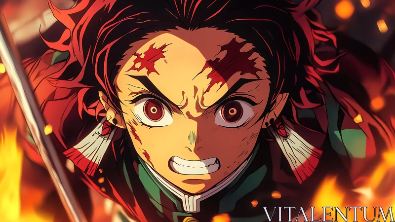 Fiery anime swordsman charges forward through blazing embers.