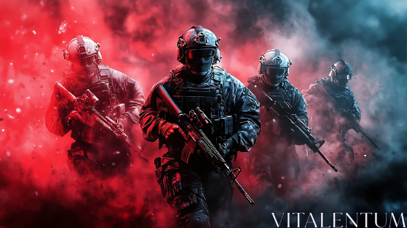 Elite tactical squad advances through red and blue smoke.