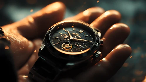 Luxury wristwatch glows in a hand under golden waterlight