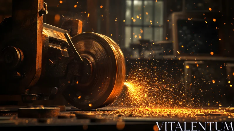 Glowing sparks dance around a steady grinding wheel at work.