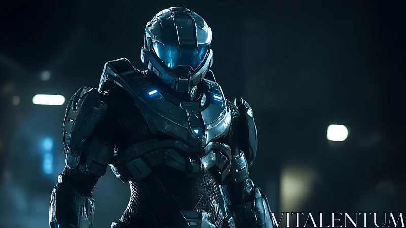 Armored sci fi soldier stands in neon lit industrial corridor.