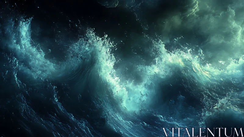 Digital seascape showing turbulent teal ocean waves at night.