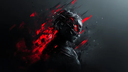 Side-profile cybernetic figure rendered with red energy shards