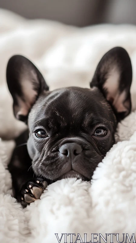 Sleepy French bulldog nestles into soft white blankets
