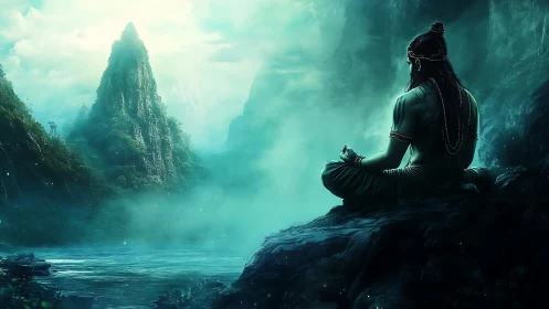 Meditating ascetic overlooks ethereal turquoise mountain valley