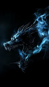 Spectral blue dragon ignites the dark with smoking fury.