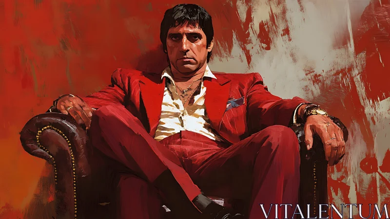 Male figure in red suit seated on leather armchair, frontal.