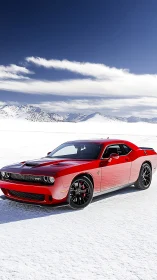 Red performance coupe contrasts hyper-bright snowfield terrain