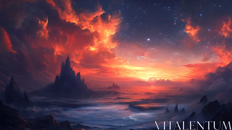 Celestial shores beneath a blazing cosmic sunrise.