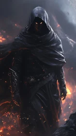 Hooded dark warrior strides through erupting inferno landscape