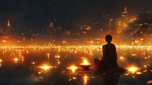 River of small suns cradles a lone watcher in silent glow