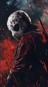 Masked slasher figure in blood-red field under storm sky.