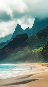 Dramatic Coastal Cliffs with Golden Sand Beach and Mountain Pinnacles