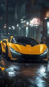Midnight rain crowns a neon-lit yellow supercar with menace