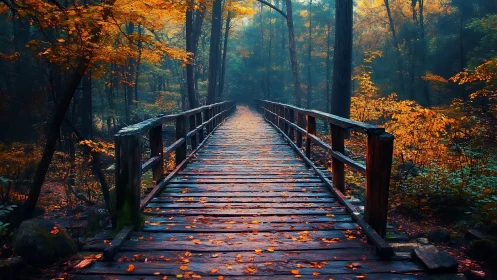 Wooden forest bridge under luminous autumn canopy.