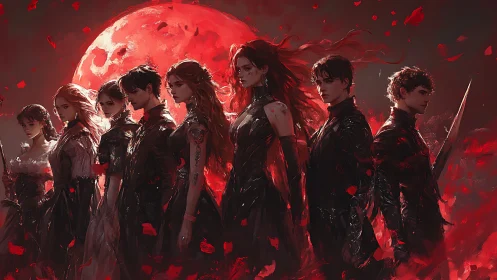 Crimson-lit warrior ensemble aligned under oversized blood moon