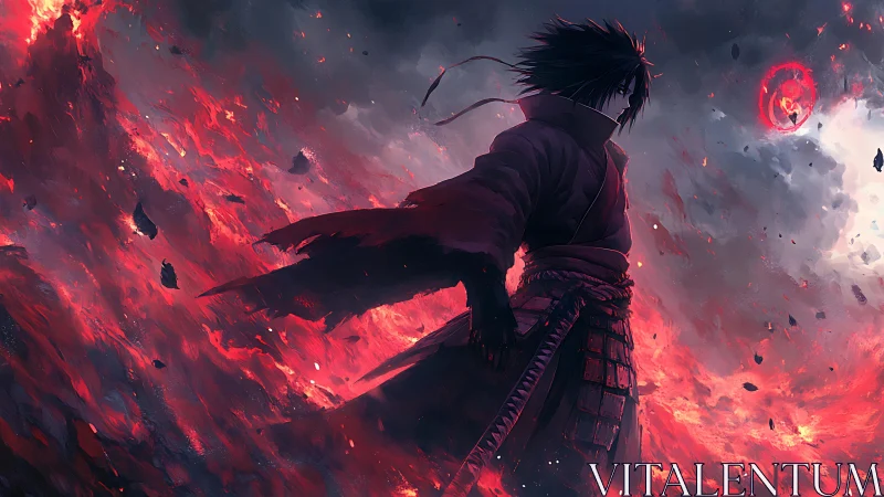 Solitary figure in red landscape under turbulent sky.