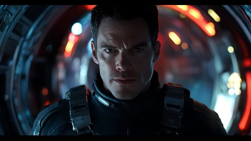 Male figure in dark exosuit inside illuminated corridor.