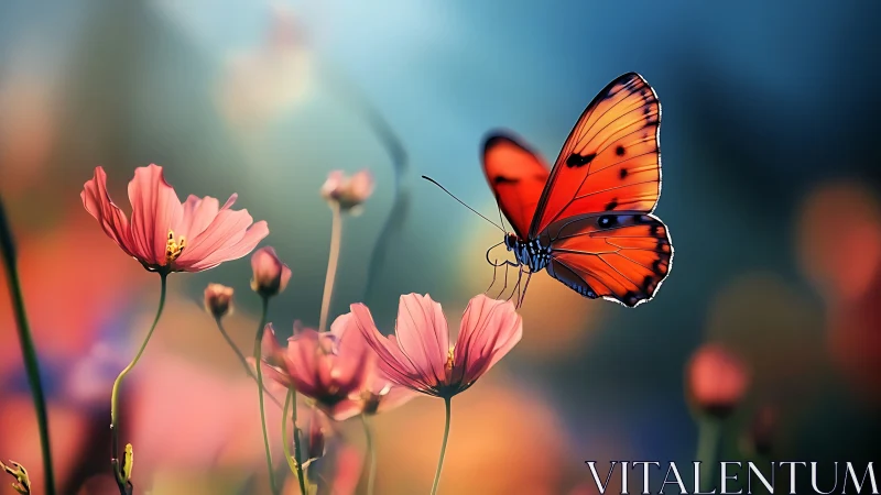 Sunlit amber butterfly drifting over whisper-soft blossoms.