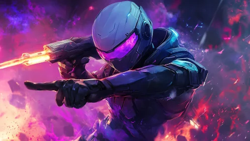 Cyberpunk exo-operator in neon firefight, dynamic framing.