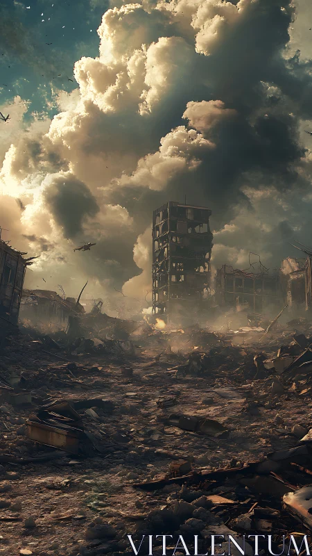 Stormlit ruins rise beneath colossal boiling skies of ash.