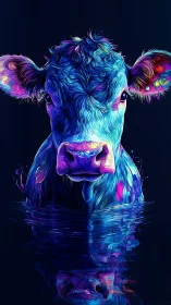 Neon blue cow portrait emerges from reflective dark water