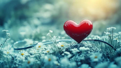 Red Heart in Frosted Daisy Field