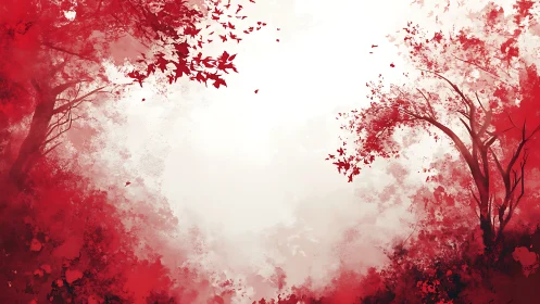 Red forest canopy framing bright empty sky center.