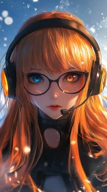 Bicolor-eyed streamer girl ignites a frosted digital skyline.