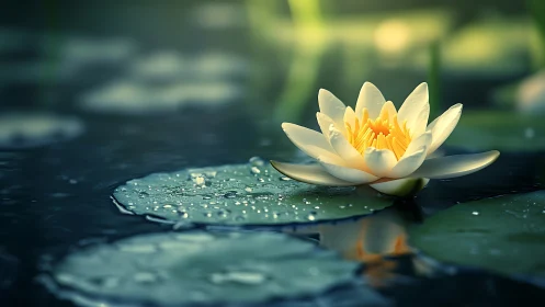 Macro water lily rendered with shallow depth and specular highlights